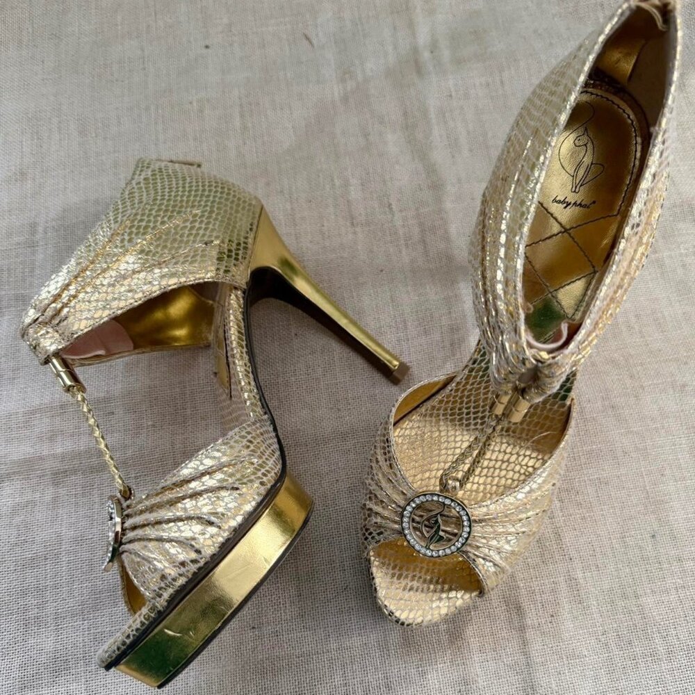 Vintage Baby Phat Gold Snakeskin Platform Heels with Rhinestone Logo